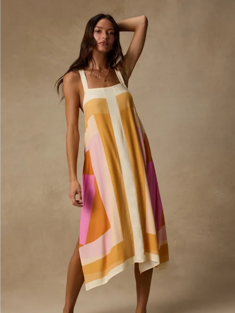 O'Neill Cream, Mustard & Peach Colorblock Midi Dress/Coverup - Picture 2 of 7